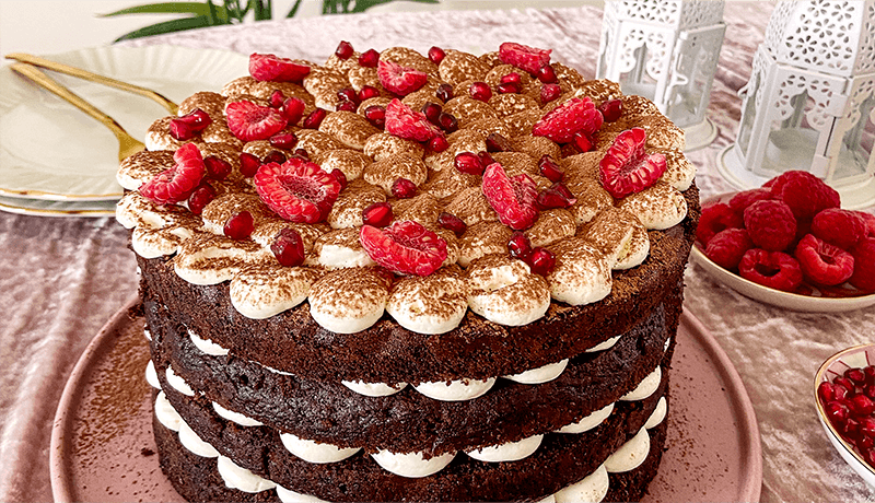 dark chocolate tiramisu cake topped with berries, pomegranate served on pink plate